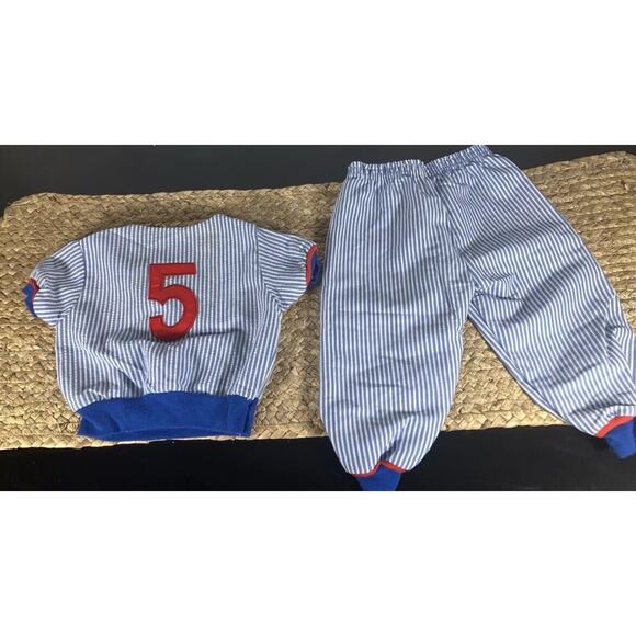 Vintage Baby Baseball Striped Outfit Red White Blue Pinstripes Catcher - Picture 2 of 8